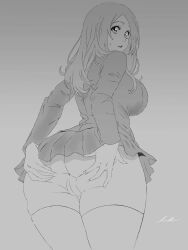 Rule 34 | 1girl, ass, ass focus, bleach, breasts, chisoku1126, female focus, from behind, grabbing own ass, greyscale, highres, huge ass, inoue orihime, karakura high school uniform, large breasts, legs together, lineart, long hair, looking at viewer, looking back, monochrome, parted lips, pleated skirt, pussy, school uniform, simple background, sketch, skirt, solo, solo focus, spread ass, sweat, sweatdrop, thick thighs, thighhighs, thighs, underwear, unfinished, unifom, white background