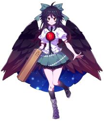 1girl arm_cannon asymmetrical_footwear bird_wings black_socks bow breasts brown_hair brown_wings cape closed_mouth collared_shirt commentary commentary_request control_rod_(touhou) english_commentary frilled_skirt frills full_body green_bow green_skirt grey_shoes hair_bow highres kneehighs leg_up long_hair looking_at_viewer mary_janes mismatched_footwear mixed-language_commentary psd_available puffy_short_sleeves puffy_sleeves red_eyes reiuji_utsuho second-party_source shirt shoes short_sleeves skirt smile socks solo ssm_(ssm82048039) tachi-e third_eye third_eye_on_chest touhou transparent_background weapon white_shirt wings