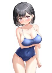 1girl absurdres arm_under_breasts black_hair blue_one-piece_swimsuit breasts brown_eyes chinese_commentary cleavage commentary_request competition_school_swimsuit covered_navel cowboy_shot gluteal_fold highres large_breasts leaning_forward one-piece_swimsuit original qian_hen school_swimsuit short_hair simple_background solo swimsuit thigh_gap white_background