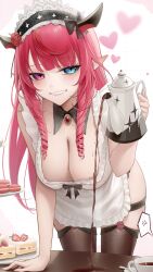 +_+ 1girl absurdres apron aqua_eyes black_horns blush breasts brown_thighhighs cake cake_slice cleavage closed_eyes commentary cup curly_hair english_commentary food grin heart heterochromia highres holding holding_kettle hololive hololive_english horns irys_(hololive) kettle large_breasts long_hair looking_at_viewer maid_headdress pink_eyes pink_hair pointy_ears simple_background smile solo somebody_(leiking00) teacup thighhighs thighs virtual_youtuber white_apron white_background