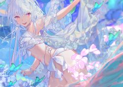 1girl absurdres bare_shoulders bikini breasts bug butterfly cleavage dirndl fate/grand_order fate_(series) frilled_bikini frills german_clothes highres insect lady_avalon_(fate) long_hair looking_at_viewer medium_breasts merlin_(fate) merlin_(fate/prototype) navel open_mouth oyaji_hime purple_eyes red_eyes smile solo swimsuit thighs umbrella very_long_hair white_bikini white_hair white_umbrella