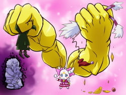10s akaooni bow breath candy_(smile_precure!) crushing cure_candy facial_mark heart heart_facial_mark hug majorina mameshiba_(pixiv_59310) monster muscular no_humans pink_bow precure scared smile smile_precure! spoilers wolfrun