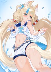 1girl absurdres animal_ear_fluff animal_ears bare_shoulders blonde_hair blue_eyes blue_hair crop_top denim denim_shorts dopeybunni highres indie_virtual_youtuber knees long_hair midriff multicolored_hair navel sameko_saba short_shorts shorts sleeveless solo stomach streaked_hair tail thighs twintails two-tone_hair very_long_hair
