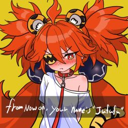 Rule 34 | 1girl, ahoge, animal collar, animal ears, animal print, arms behind back, bare shoulders, blush, breasts, closed mouth, collar, collarbone, english text, eyebrows hidden by hair, eyes visible through hair, fang, hairband, highres, koleda belobog, leash, long hair, looking down, nose blush, orange eyes, orange hair, orange hairband, papacat, shirt, small breasts, solo, standing, tail, tiger ears, tiger girl, tiger print, tiger tail, twintails, very long hair, white shirt, yellow background, zenless zone zero