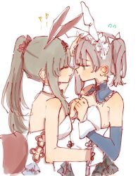 2girls animal_ears arm_up assault_lily bare_arms bare_shoulders black_hair blunt_bangs blush bow breasts brown_hair closed_mouth clothing_cutout commentary detached_collar detached_sleeves face-to-face facing_another fake_animal_ears flower flying_sweatdrops frilled_hairband frilled_leotard frills from_side green_eyes hair_bow hair_flower hair_ornament hair_scrunchie hairband hand_on_another&#039;s_waist hands_up heart highres kuo_shenlin leotard long_hair long_sleeves looking_at_another medium_breasts medium_hair multiple_girls official_alternate_costume official_alternate_hairstyle own_hands_together playboy_bunny profile rabbit_ears raised_eyebrows red_flower red_scrunchie rui_rui_rui0122 scrunchie side_cutout side_ponytail sidelocks simple_background smile strapless strapless_leotard upper_body wang_yujia white_background white_bow white_hairband white_leotard wrist_cuffs yuri
