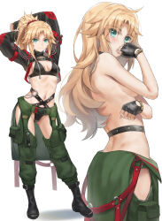 1girl arms_up belly_chain black_gloves blonde_hair blush boots braid breasts choker collared_shirt crop_top cropped_jacket fate/apocrypha fate_(series) fingerless_gloves gloves green_eyes green_pants hair_ornament hair_scrunchie half_up_braid highres jewelry long_hair looking_at_viewer midriff mordred_(fate) mordred_(fate/apocrypha) multiple_views navel pants parted_bangs ponytail red_scrunchie revision scrunchie shirt short_sleeves sidelocks simple_background small_breasts smile tonee white_shirt