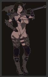 Rule 34 | abs, areola slip, armor, axe, battle axe, bikini, bikini armor, black background, black hair, black thighhighs, blue eyes, boots, breasts, cleavage, dark-skinned female, dark skin, gauntlets, hand on own hip, highleg, highleg bikini, highres, holding, holding axe, holding weapon, large areolae, large breasts, nisetanaka, over shoulder, pauldrons, short hair, shoulder armor, simple background, swimsuit, the elder scrolls, the elder scrolls v: skyrim, thighhighs, weapon