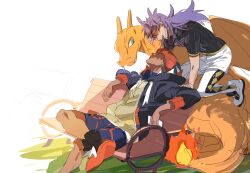 2boys absurdres bench black_hair black_hoodie ch_walnut champion_uniform charizard commentary crossed_legs eye_contact fire flame-tipped_tail gen_1_pokemon headband highres hood hood_down hoodie leggings leon_(pokemon) long_hair looking_at_another male_focus multiple_boys nintendo orange_headband pokemon pokemon_(creature) pokemon_swsh purple_hair raihan_(pokemon) shirt shoes short_sleeves shorts sitting tail tassel white_background white_leggings white_shoes white_shorts