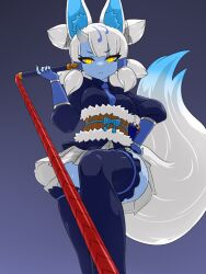 1girl absurdres animal_ears belt black_shirt black_thighhighs blue_gloves blue_skin bow_legwear bracelet brown_belt collarbone colored_skin elbow_gloves fingerless_gloves fox_ears fox_girl fox_tail from_below fur_trim ginkaku_(kemono_friends) gloves glowing glowing_eyes grey_skirt hair_between_eyes hair_tubes hand_on_own_hip highres horns jewelry kemono_friends long_sleeves looking_at_viewer looking_down pleated_skirt pov puffy_sleeves quad_tails shirt short_hair short_twintails sidelocks single_horn skirt slit_pupils solo tail thighhighs tsukushi_(741789) twintails whip white_fur white_hair yellow_eyes zettai_ryouiki