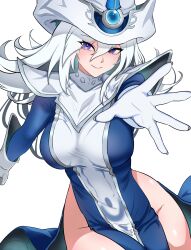 Rule 34 | 1girl, absurdres, bamboo tac, bare hips, breasts, duel monster, gloves, grey hair, hair between eyes, hat, highres, long hair, looking at viewer, purple eyes, silent magician, simple background, smile, tabard, white background, white gloves, white hat, white tabard, wizard hat, yu-gi-oh!