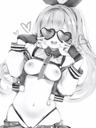 1girl absurdres blush breasts chest_harness collar commentary double_v fingerless_gloves gloves hair_ribbon harness heart heart-shaped_eyewear heart_in_eye highres himemori_luna himemori_luna_(streetwear) hololive jacket long_hair long_sleeves looking_at_viewer nail_polish nanashi_(nlo) navel necktie nipples octopus_ornament open_mouth panties ribbon shorts simple_background smile solo stomach sunglasses symbol_in_eye teeth underwear v virtual_youtuber zipper_pull_tab