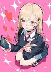 1girl absurdres black_cardigan black_choker black_socks blonde_hair blue_skirt cardigan cellphone choker collared_shirt commentary_request earrings full_body gradient_hair green322 grin gyaru highres holding holding_phone jewelry kitagawa_marin light_blush long_hair long_sleeves looking_at_viewer multicolored_hair necktie phone pink_background pink_eyes pink_hair pink_nails pleated_skirt red_necktie school_uniform shirt shoes skirt smartphone smile socks solo sono_bisque_doll_wa_koi_wo_suru sparkle_background squatting uwabaki v white_shirt