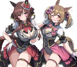 1girl 2girls adapted_costume animal_ears bead_bracelet beads black_corset blush bow bowtie bracelet braid braided_hair_rings breasts brown_eyes brown_hair cleavage corset cowboy_shot ear_ornament frilled_leotard frills gentildonna_(umamusume) gloves gold_trim grey_leotard hair_between_eyes hair_bow hair_rings hand_on_own_hip heart heart_ear_ornament highres horse_ears horse_girl horse_tail index_finger_raised jewelry kibihimi large_breasts leotard long_hair looking_at_viewer medium_breasts multiple_girls multiple_hair_bows one_eye_closed open_mouth pink_bow pink_bowtie pink_overskirt plaid_clothes plaid_leotard purple_bow red_bow red_bowtie red_eyes red_skirt short_sleeves showgirl_skirt simple_background skindentation skirt smart_falcon_(umamusume) smile solo tail thigh_strap thighs trailblazer_bash!_(umamusume) twintails umamusume white_background white_gloves