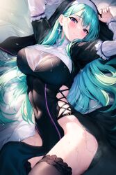 1girl absurdres arms_up black_thighhighs black_veil breasts closed_mouth clothing_cutout covered_navel cross cross_earrings earrings green_hair habit highres jewelry large_breasts long_hair long_sleeves looking_at_viewer lying no_panties nun on_back pelvic_curtain purple_eyes side_cutout smile solo sugiki thighhighs thighs veil virtual_youtuber vspo! wet wet_clothes yakumo_beni