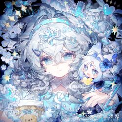 Rule 34 | 2girls, :d, blue eyes, blue hairband, blush, closed mouth, cross-shaped pupils, dated, hair between eyes, hair ornament, hairband, hairclip, highres, long hair, multiple girls, open mouth, original, portrait, smile, star (symbol), star hair ornament, symbol-shaped pupils, white hair, xingchunxiang