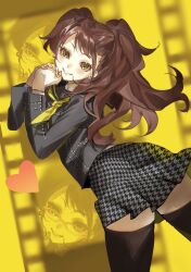 1girl black_sailor_collar black_shirt black_thighhighs brown_eyes brown_hair cowboy_shot eyelashes film_reel glasses hands_up heart highres houndstooth kujikawa_rise long_hair long_sleeves looking_at_viewer makeup meameeea neckerchief own_hands_together persona persona_4 prsnmea sailor_collar school_uniform shirt skirt smile solo thighhighs twintails yasogami_school_uniform yellow_background yellow_neckerchief