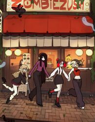 6+girls :&lt; :3 :d ? ^_^ absurdres bare_legs beanie belt black_belt black_hat black_pants black_shoes black_skirt blonde_hair brown_hair closed_eyes clothes_writing eleanor_(justadrian) fangs ghost hair_bun hair_over_one_eye hat highres holding_hands justadrian_(yoadriandk) lantern licorice_(justadrian) loafers long_hair long_pointy_ears long_sleeves mavie_(justadrian) menu_board midriff miniskirt mole mole_on_thigh multiple_girls open_mouth original outdoors pale_skin pants paper_lantern pink_shirt pleated_skirt pointing pointy_ears red_hair red_skirt red_socks scarlett_(justadrian) shirt shoes short_hair skirt smile socks suspender_skirt suspenders tripping very_long_hair