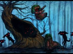 animal_ears bug corpse crying death eating fly green_hair bug kasodani_kyouko koto_inari multiple_girls open_mouth red_eyes short_hair skeleton touhou tree yamabiko