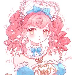 1girl :o argyle_bonnet artist_name bare_shoulders blue_bow blue_bowtie blue_dress blue_sleeves bonnet bow bowtie brown_eyes chazui_ranyi chinese_commentary classic_lolita collar commentary_request curly_hair detached_collar detached_sleeves dot_nose dress drill_hair eyelashes fortissimo frilled_collar frilled_dress frilled_headwear frilled_sleeves frills gold_necklace hair_bow hair_ornament hair_ribbon heart heart-shaped_bonnet highres infinity_nikki jewelry light_blush lolita_fashion long_hair motion_lines multiple_hat_bows musical_note musical_note_hair_ornament necklace nikki_(series) notice_lines open_mouth orange_hair puffy_short_sleeves puffy_sleeves ribbon ribbon-trimmed_headwear ribbon_trim short_sleeves simple_background solo strapless strapless_dress timeless_melody_(infinity_nikki) twintails two-tone_dress upper_body white_background white_bonnet white_bow white_collar white_dress white_ribbon winding_key