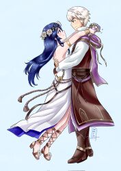 1boy 1girl ahoge armlet armpits arms_around_neck arms_around_waist arms_up back backless_dress backless_outfit bare_arms bare_legs bare_shoulders blue_eyes blue_hair boots bouquet bracelet breasts brown_eyes clenched_hands couple dress eye_contact eyelashes feet fingernails fire_emblem fire_emblem_awakening fire_emblem_heroes flower from_side full_body gladiator_sandals hair_between_eyes hair_flaps hair_flower hair_ornament halterneck happy happy_valentine height_difference highres holding holding_bouquet hood hooded_coat hug intelligent_systems jewelry kagura_oni knee_boots knees legs light_blush long_dress long_hair looking_at_another lucina_(fire_emblem) lucina_(valentine)_(fire_emblem) male_robin_(fire_emblem) male_robin_(valentine)_(fire_emblem) matching_hair/eyes no_bra official_alternate_costume profile rope_belt sandals short_hair shoulder_blades side_slit sidelocks signature simple_background sleeveless sleeveless_dress small_breasts smile standing sundress thighs tiptoes toenails toes white_dress white_hair