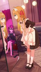 2girls absurdres ahoge apron asymmetrical_legwear bare_legs bed_sheet black_shoes black_suit blue_eyes blush bow bowtie brown_hair chair closed_mouth clothes_lift collared_shirt commentary couch crossed_legs curtains demon_horns dress dress_lift dress_shirt english_commentary evil_neuro-sama formal_clothes from_side full_body hair_between_eyes hair_ribbon handheld_game_console high_heels highres holding holding_handheld_game_console horns indoors long_hair long_sleeves maid maid_apron maid_headdress mirror multiple_girls neuro-sama nintendo_switch office_chair on_couch red_bow red_bowtie red_eyes red_ribbon red_skirt reflection ribbon rug shirt shoes siblings single_sock single_thighhigh sisters sitting skirt socks standing suit swivel_chair thighhighs twins two_side_up uneven_legwear user_acidrain vedal_ai virtual_youtuber white_shirt white_socks white_thighhighs
