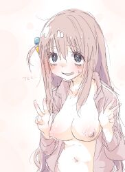 1girl blush bocchi_the_rock! breasts bright_pupils cube_hair_ornament double_w eyes_visible_through_hair gaihan_umeboshi_mitchell gotoh_hitori grey_eyes hair_between_eyes hair_ornament hands_up hatching_(texture) highres jacket large_breasts linear_hatching long_hair long_sleeves looking_at_viewer navel nervous_smile nervous_sweating nipples no_bra nose_blush one_side_up open_clothes open_jacket parted_lips pink_background pink_hair pink_jacket sanpaku shiny_skin smile solo stomach sweat three_quarter_view track_jacket upper_body w w_arms white_pupils