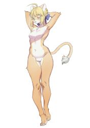 1girl ahoge animal_ears animal_feet animal_nose arms_behind_head arms_up artoria_pendragon_(fate) barefoot blonde_hair blue_ribbon body_fur braid braided_bun breasts brown_fur closed_eyes completely_nude fate/stay_night fate_(series) full_body furrification furry furry_female hair_bun hair_ribbon highres inuki_(aruurara) lion_ears lion_girl lion_tail navel no_nipples no_pussy nude ribbon saber_(fate) short_hair sidelocks simple_background solo standing tail two-tone_fur white_background white_fur