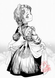 1girl akitsuki_itsuki apron blush dress greyscale looking_at_viewer looking_back maid maid_headdress monochrome original short_hair smile solo