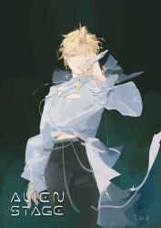 1boy alien_stage black_pants blonde_hair chinese_commentary closed_eyes clothing_cutout commentary_request copyright_name cowboy_shot earrings fexis frilled_sleeves frills highres holding holding_microphone jewelry long_sleeves luka_(alien_stage) male_focus microphone pants shirt short_hair signature solo white_shirt