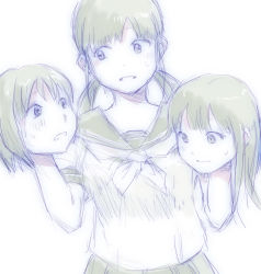 1girl 3girls borusen conjoined head_hand long_hair looking_at_another multiple_girls no_hands school_uniform short_hair smile twintails what