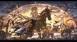 1girl absurdres arknights bird black_skirt blonde_hair cat character_name character_request closed_mouth collarbone highres jewelry long_skirt looking_at_viewer mento necklace pointy_ears shirt skirt smile solo unicorn white_shirt