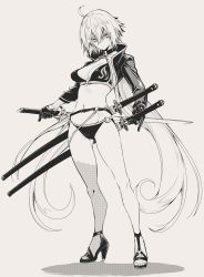10mo 1girl absurdres ahoge bikini breasts choker cleavage collarbone cropped_jacket fate/grand_order fate_(series) full_body gloves greyscale hair_between_eyes high_heels highres holding holding_sword holding_weapon jeanne_d&#039;arc_alter_(fate) jeanne_d&#039;arc_alter_(swimsuit_berserker)_(fate) large_breasts long_hair long_sleeves looking_at_viewer monochrome navel o-ring o-ring_bikini reverse_grip sandals scabbard sheath sheathed shrug_(clothing) simple_background single_thighhigh stomach strappy_heels swimsuit sword thigh_strap thighhighs toeless_footwear very_long_hair weapon white_background
