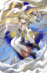 1girl absurdres ankle_boots arknights bare_shoulders black_boots blonde_hair blue_hair boots breasts closed_mouth colored_extremities dragon_girl dragon_horns dragon_tail earrings full_body grey_eyes grey_hair hair_between_eyes hair_intakes highres horns jacket jewelry long_hair long_sleeves looking_at_viewer medium_breasts multicolored_hair necklace off_shoulder painine pants pointy_ears shu_(arknights) sitting smile solo strapless tail tube_top very_long_hair water white_jacket white_pants white_tube_top