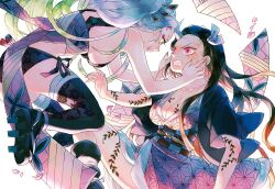 2girls angry asa_no_ha_(pattern) bare_shoulders battle black_hair black_jacket black_panties black_thighhighs body_markings breasts checkered_clothes cleavage clenched_teeth colored_tips daki_(kimetsu_no_yaiba) demon_girl duel eye_contact face-to-face facial_mark fang fingernails from_side geta green_eyes green_hair grey_hair hair_ornament hair_ribbon hair_stick hands_on_another&#039;s_cheeks hands_on_another&#039;s_face hands_up haori horns jacket japanese_clothes jumping kamado_nezuko kimetsu_no_yaiba kimono large_breasts leg_warmers long_hair long_sleeves looking_at_another looking_away medium_breasts multicolored_hair multiple_girls obi oni_horns orange_hair outstretched_arms panties petals pink_eyes pink_kimono reaching revealing_clothes ribbon sash sharp_fingernails shoe_soles side-tie_panties sideboob single_horn smile streaked_hair striped teeth thighhighs tuduri two-tone_hair underwear veins white_hair