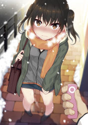 Rule 34 | 1boy, 1girl, bag, black footwear, blush, boots, breasts, breath, brown eyes, brown hair, closed mouth, full body, green jacket, holding, jacket, kantai collection, long sleeves, looking at viewer, minamura haruki, nose blush, official alternate costume, orange scarf, outdoors, pov, scarf, sendai (autumn) (kancolle), sendai (kancolle), sex toy, shadow, skirt, snow, snowing, solo focus, sweat, tears, vibrator, vibrator cord, wavy mouth