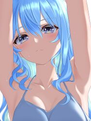 1girl armpits arms_up blue_camisole blue_eyes blue_hair camisole closed_mouth collarbone highres hololive hoshimachi_suisei long_hair looking_at_viewer rain_lambda simple_background solo star_(symbol) star_in_eye symbol_in_eye upper_body virtual_youtuber wavy_hair white_background