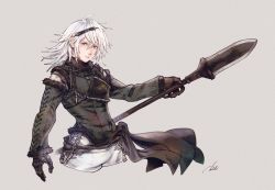 1boy armor chain fur_trim gloves green_eyes grey_background hair_between_eyes head_chain highres holding holding_polearm holding_weapon jewelry lace-up_sleeves long_sleeves looking_at_viewer male_focus medium_hair mim_(mimya0600) nier nier_(brother) nier_(brother)_(post_timeskip) nier_(series) pants polearm simple_background solo upper_body weapon white_hair white_pants