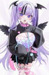 1girl belt black_hair black_jacket black_skirt black_wings blush breasts camisole cleavage collar feathered_wings garter_straps hair_ornament hairclip head_wings highres jacket large_breasts long_hair looking_at_viewer multicolored_hair ompf open_mouth original pentagram_hair_ornament pink_belt pink_collar print_camisole purple_eyes purple_hair simple_background single_thighhigh skirt sleeves_past_wrists solo streaked_hair tail thigh_strap thighhighs twintails white_background white_camisole wings