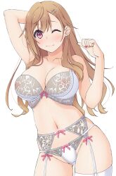 1girl ;) arm_up blush bow bow_bra bow_panties bra breasts brown_hair closed_mouth collarbone cowboy_shot earrings floral_print garter_belt hand_up hinata_masaki jewelry large_breasts long_hair looking_at_viewer nail_polish navel one_eye_closed panties pink_nails purple_eyes see-through_clothes see-through_bra seiyuu_radio_no_uraomote smile solo standing thighhighs underwear underwear_only utatane_yasumi white_bra white_garter_belt white_panties white_thighhighs