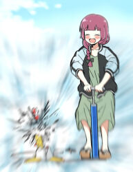 1girl air_pump bicycle_pump black_jacket blush bocchi_the_rock! bow braid braided_ponytail closed_eyes cloud dress explosion fangs full_body geta green_dress hair_bow highres hiroi_kikuri jacket long_hair motion_blur open_clothes open_jacket open_mouth purple_hair rocket smile solo standing torako_(toramaru)