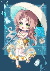 1girl aerith_gainsborough aerith_gainsborough_(citric_dress) anchor arestear0701 artist_name blue_background blush bracelet breasts brown_hair choker dress earrings final_fantasy final_fantasy_vii final_fantasy_vii_ever_crisis fish food-themed_earrings food_print food_themed_earrings fruit_print full_body green_eyes green_ribbon hair_ribbon half_updo highres holding holding_umbrella jellyfish jewelry long_dress long_hair looking_at_viewer medium_breasts message_in_a_bottle official_alternate_costume open_mouth orange-shaped_earrings orange-shaped_ornament orange_print parasol parted_bangs print_dress ribbon sandals see-through_clothes see-through_skirt ship&#039;s_wheel sidelocks skirt smile solo strapless strapless_dress umbrella wavy_hair