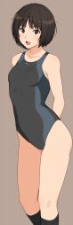 1girl :d amagami arms_behind_back black_hair black_one-piece_swimsuit black_socks blush breasts brown_background brown_eyes collarbone competition_swimsuit highres kneehighs looking_at_viewer mobu one-piece_swimsuit open_mouth short_hair simple_background small_breasts smile socks solo standing swimsuit tachibana_miya tongue