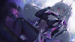 1girl armlet armor black_bodysuit bodysuit bracelet breasts bunnixia commission commissioner_upload covered_navel dark_persona female_robin_(fire_emblem) fire_emblem fire_emblem_awakening fire_emblem_heroes glowing glowing_eyes grima_(fire_emblem) grin hair_ornament highres jewelry large_breasts linea_alba long_hair long_sleeves looking_at_viewer neck_ring nintendo official_alternate_costume red_eyes female_robin_(fell_tactician)_(fire_emblem) smile solo twintails white_hair