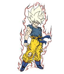 Rule 34 | 1boy, absurdres, artist name, aura, blonde hair, blue sash, closed mouth, dougi, dragon ball, dragonball z, fenyon, full body, highres, looking at viewer, muscular, muscular male, orange pants, pants, red eyes, sash, shirt, short hair, simple background, solo, son goku, spiked hair, super saiyan, super saiyan 1, white background, wristband