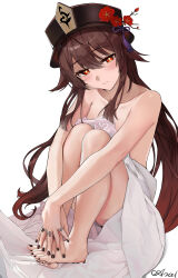 1girl absurdres ariel_(user_kear2553) barefoot bed_sheet black_hat black_nails blush brown_hair closed_mouth collarbone feet flower flower-shaped_pupils genshin_impact hair_between_eyes hat hat_flower head_tilt highres hu_tao_(genshin_impact) hugging_own_legs jewelry knees_up long_hair looking_at_viewer multiple_rings nail_polish naked_sheet plum_blossoms porkpie_hat red_eyes ring signature sitting solo symbol-shaped_pupils thighs toenail_polish toenails toes twintails very_long_hair