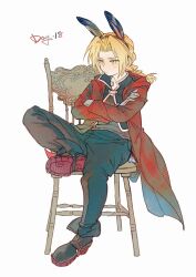 1boy animal_ears black_pants braid chair closed_mouth coat edward_elric fake_animal_ears full_body fullmetal_alchemist highres male_focus pants rabbit_ears red_coat sitting solo xue_ezi yellow_eyes