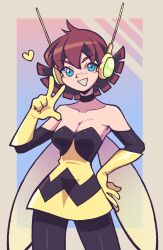 1girl animification avengers_(series) bare_shoulders bee_wings black_choker black_dress black_pantyhose blue_eyes blush breasts brown_hair castussan choker cleavage collarbone dress eyebrows_hidden_by_hair eyes_visible_through_hair gloves grin hair_between_eyes hand_on_own_hip hand_up headphones heart highres insect_wings janet_van_dyne looking_at_viewer marvel medium_breasts multicolored_dress naughty_face neck pantyhose short_dress short_hair smile solo standing strapless strapless_dress superhero_costume the_avengers:_earth&#039;s_mightiest_heroes! tube_dress two-tone_dress v wasp_(marvel) wings yellow_dress yellow_gloves