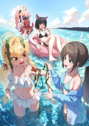 4girls absurdres after-school_sweets_club_(blue_archive) ahoge airi_(blue_archive) alternate_costume animal_ears bikini black_bikini black_hair blonde_hair blue_archive breasts brown_hair cat_ears collarbone commentary_request diving_mask frilled_bikini frills goggles halo highres kazusa_(blue_archive) kokukyukeo long_hair medium_breasts multicolored_hair multiple_girls nail_polish natsu_(blue_archive) navel octopus on_innertube outdoors pink_hair ponytail seaweed side-tie_bikini_bottom side_ponytail small_breasts smile starfish stomach swimsuit thigh_strap toenail_polish toenails toes twintails two-tone_hair v-shaped_eyebrows wading white_bikini yoshimi_(blue_archive)