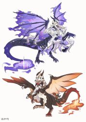 2girls absurdres arknights blonde_hair blue_eyes book centauroid claws coat dragon_girl dragon_horns dress fiery_wings fire flame-tipped_tail full_body highres holding holding_book horns jacket long_hair looking_at_viewer low-tied_long_hair monster_girl monsterification multiple_girls multiple_horns necrass_(arknights) ppxdq rearing reed_(arknights) reed_the_flame_shadow_(arknights) see-through_clothes see-through_jacket simple_background standing tail taur white_background white_coat white_dress wings