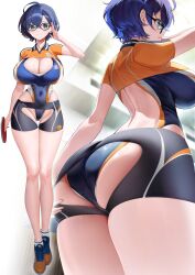 1girl absurdres adjusting_eyewear ahoge arched_back arm_at_side arm_up arrow_(tamawo222) ass ass_cutout back back_cutout black-framed_eyewear black_shorts blue_hair blue_leotard blue_shoes breasts cleavage cleavage_cutout closed_mouth clothes_writing clothing_cutout collared_shrug commentary_request covered_navel cowboy_shot crossed_bangs crotch_cutout curvy from_behind from_below full_body glasses green_eyes groin hair_between_eyes highleg highleg_leotard highres holding_table_tennis_paddle huge_ass impossible_clothes impossible_leotard large_breasts legs leotard leotard_under_clothes looking_at_viewer median_furrow multicolored_shoes multiple_views orange_shoes orange_shrug original paddle shiny_clothes shiny_skin shoes short_hair short_shorts shorts shorts_tug shrug_(clothing) skin_tight skindentation straight-on sweat swept_bangs table_tennis table_tennis_paddle taut_leotard thigh_gap two-tone_shoes variant_set wide_hips